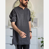 تیشرت لی مردانه یقه کوبایی آستین کش رنگ آبی و ذغالی سایز L XL XXL